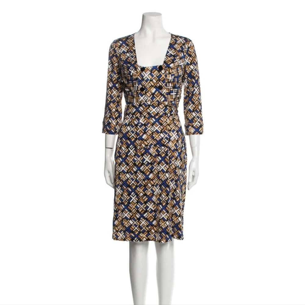 Diane von Furstenberg DVF Silk Wrap Dress Size 6 Geometric Print Blue Tan
